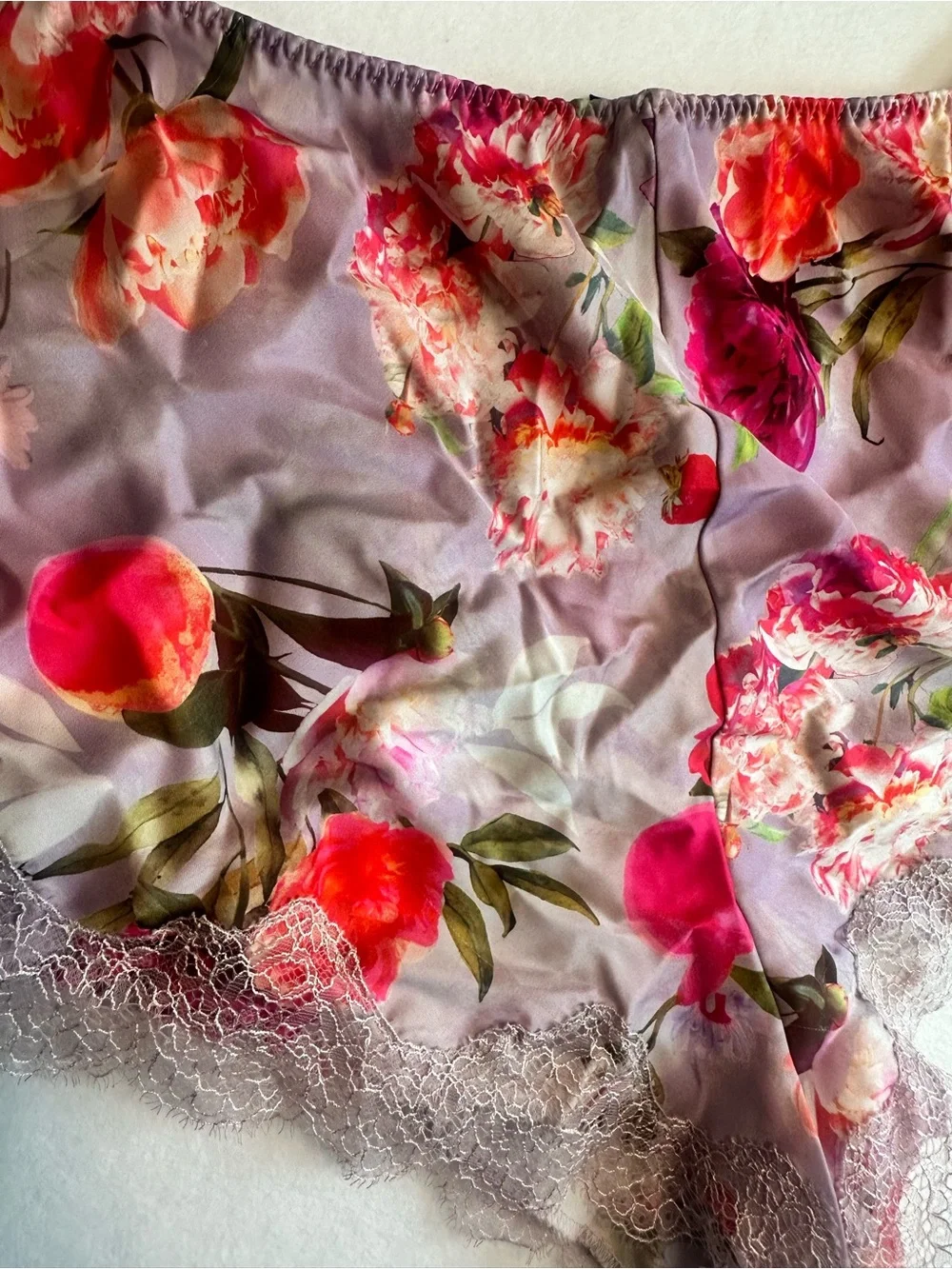 Victoria's Secret Satin Pajama Set Floral Lace Trim Cami & Shorts